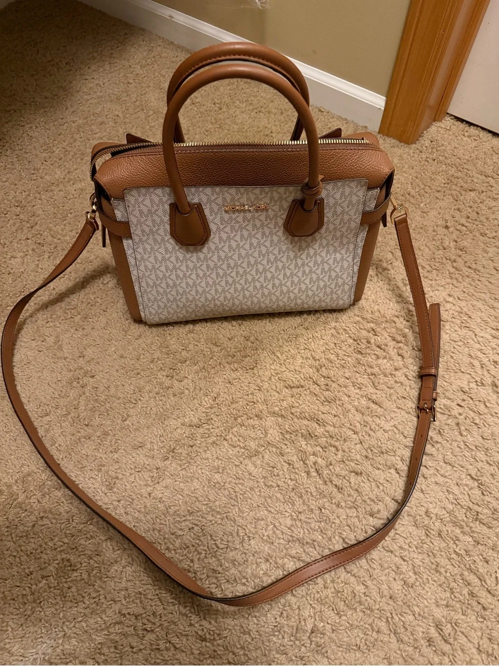 Michael Kors White Monogram Satchel with Brown Trim